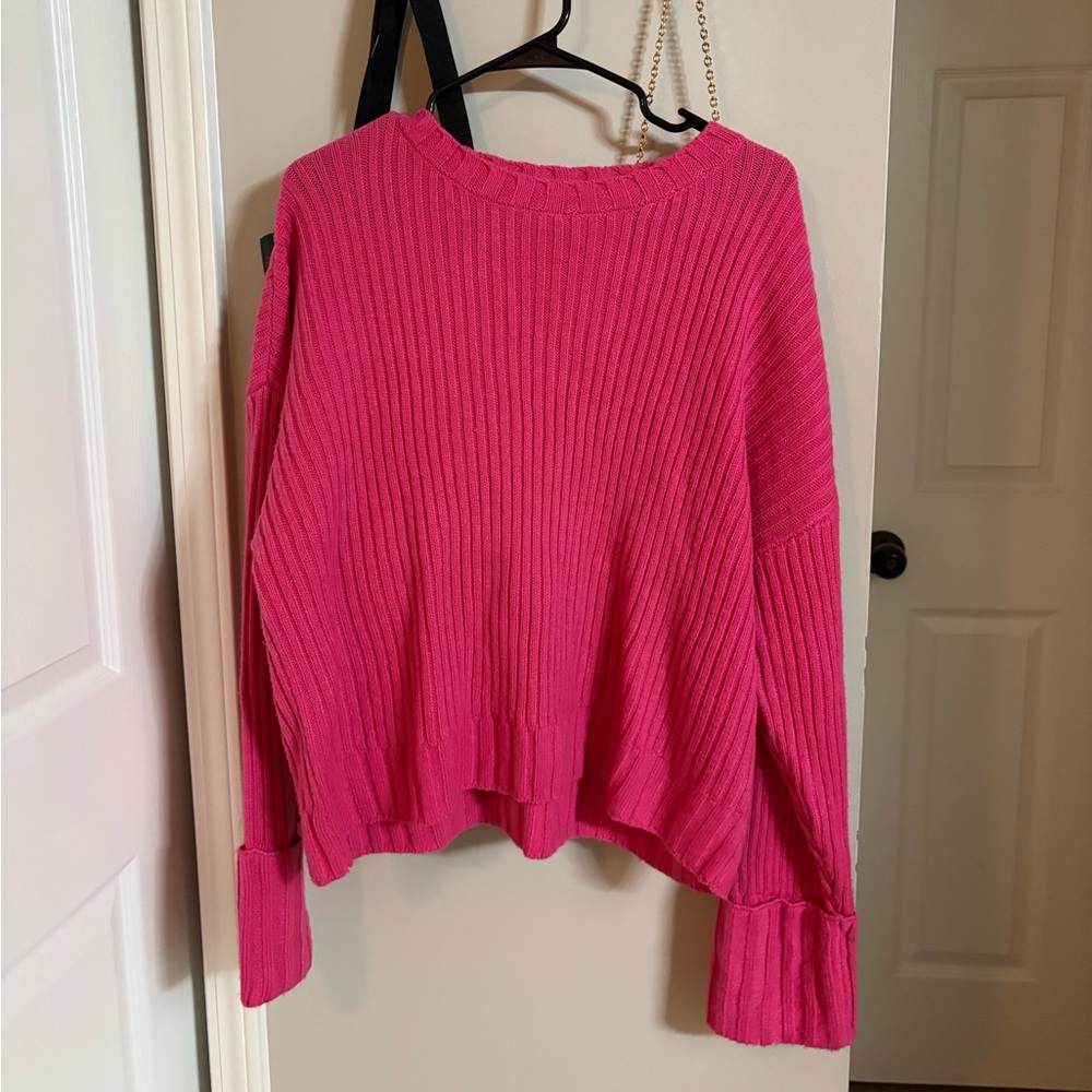 Nine West Bright Pink Ribbed Crewneck Sweater
